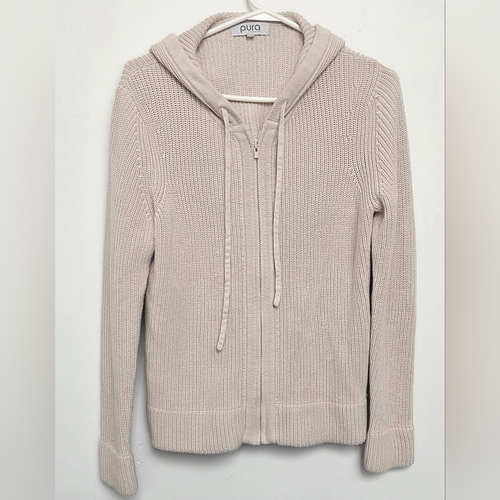 Pura Womens Oat Cream 100% Pima Cotton Sz Small Boxy Hooded Cardigan Zip Sweater